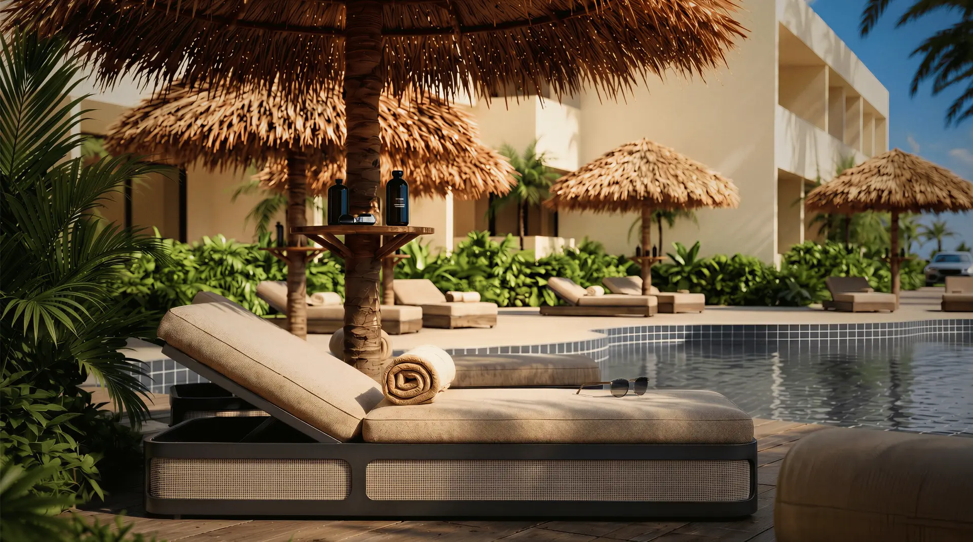 Ligbed onder een palapa parasol bij het zwembad van Karl Avenue
